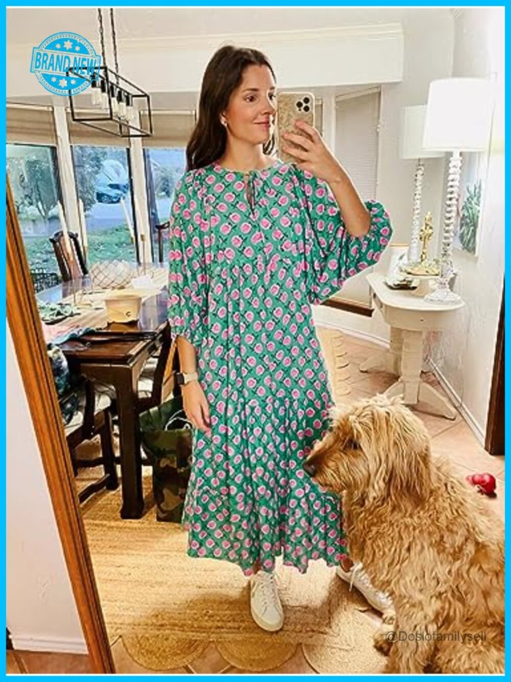 Women's Bohemian V-Neck Half Sleeve Maxi Dress Loose Fit Flowy Ankle Length - Picture 5 of 7